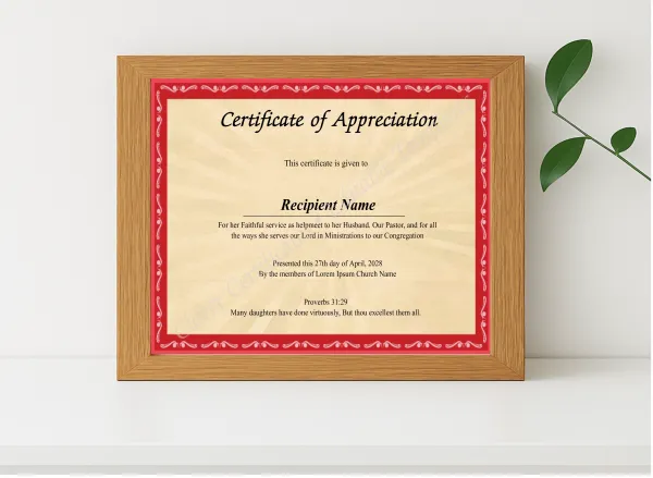 Realistic mockup featuring Editable Certificate Of Appreciation For The Pastors Wife displayed within a modern frame, set against a minimalistic background.