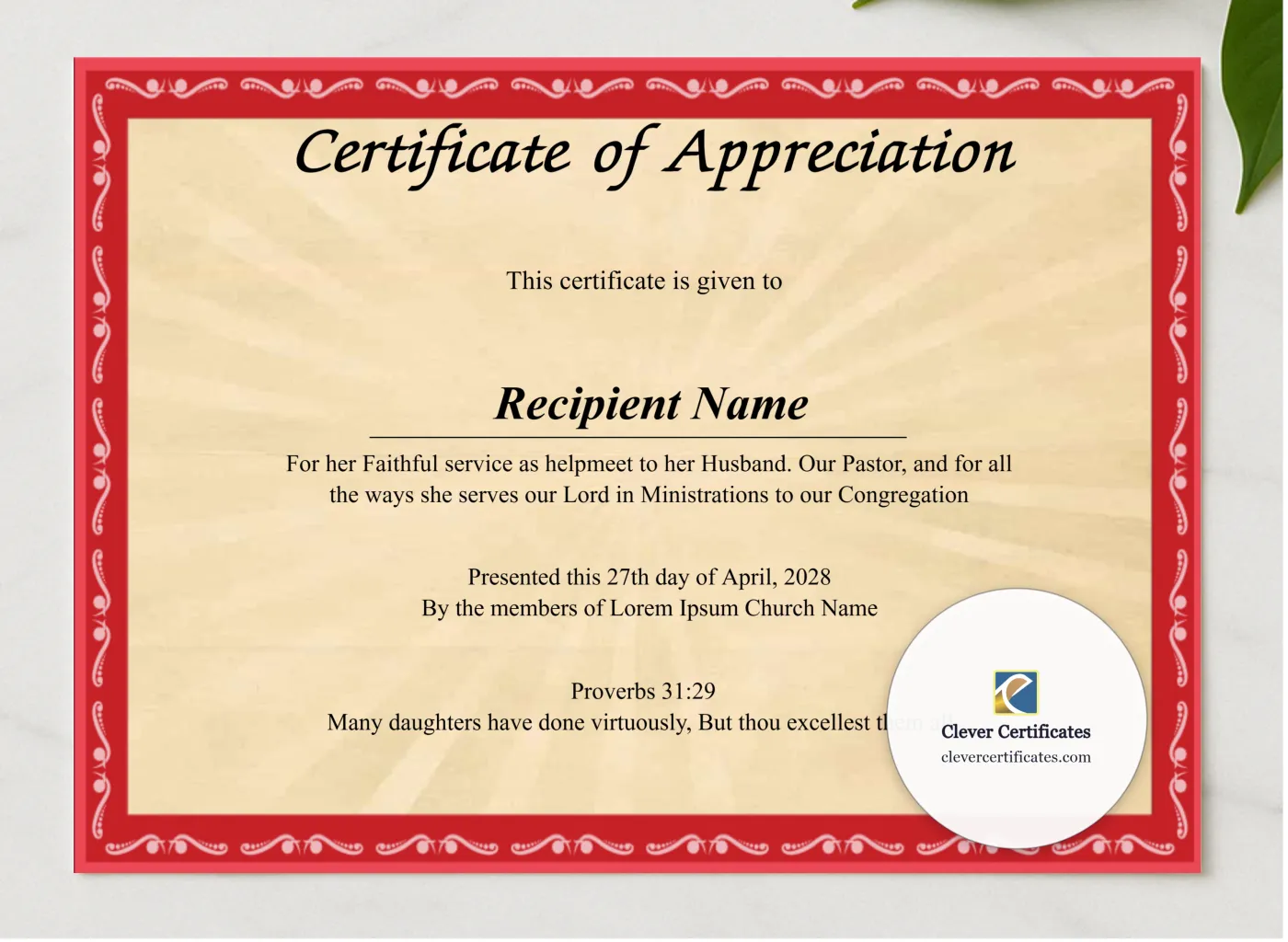 Editable Certificate Of Appreciation For The Pastors Wife presented in a sleek wooden frame, elegantly arranged on a stylish table.