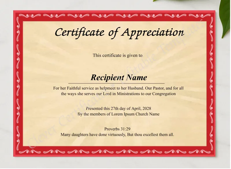 Editable Certificate Of Appreciation For The Pastors Wife presented in a sleek wooden frame, elegantly arranged on a stylish table.
