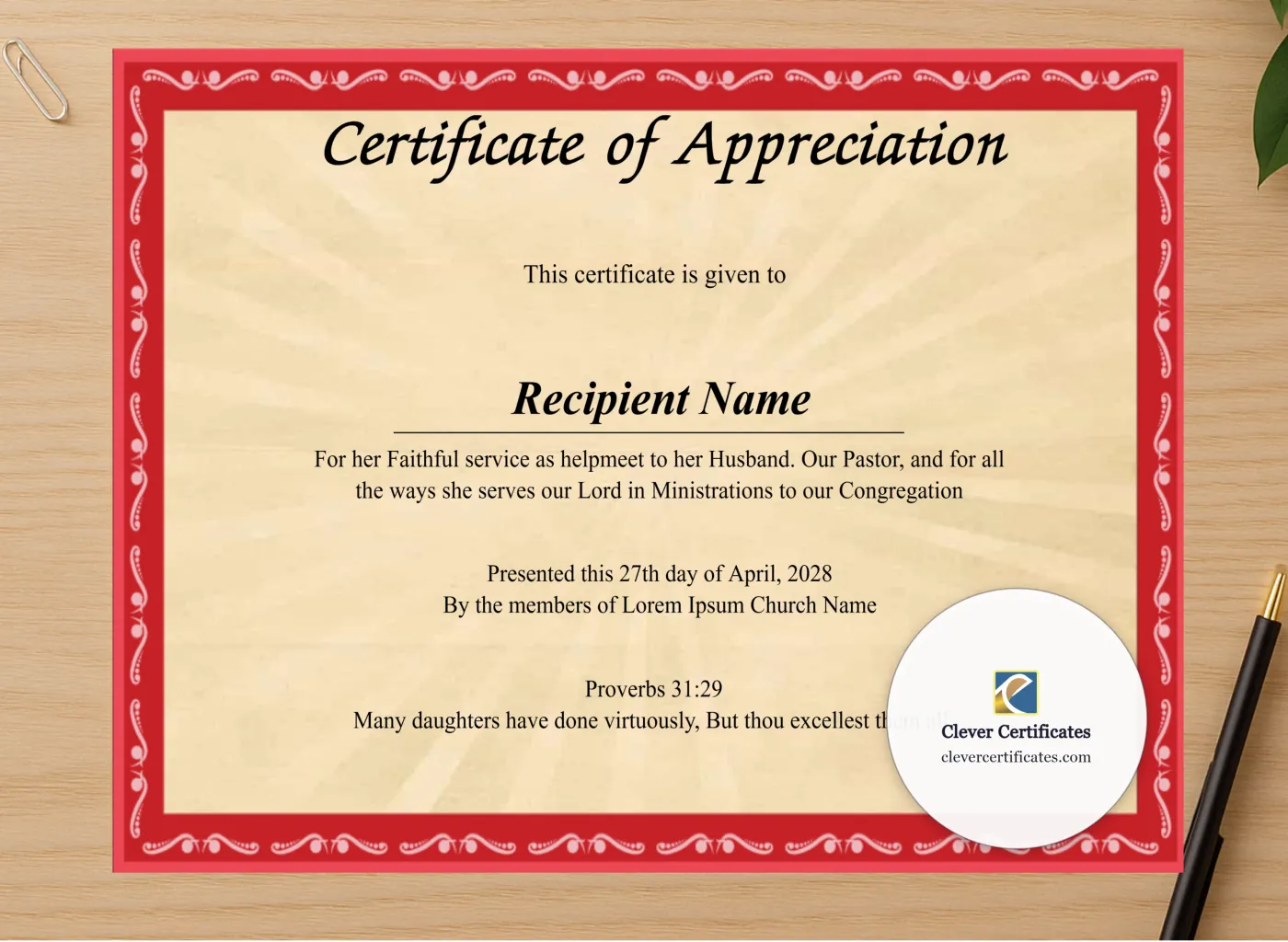 Professional preview of Editable Certificate Of Appreciation For The Pastors Wife certificate on high-quality stationery paper, ideal for showcasing the final look.