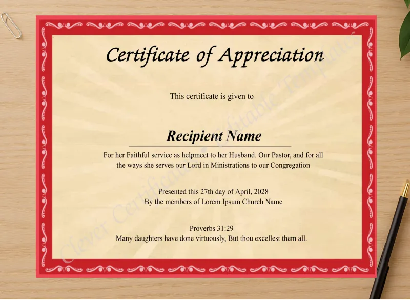 Professional preview of Editable Certificate Of Appreciation For The Pastors Wife certificate on high-quality stationery paper, ideal for showcasing the final look.