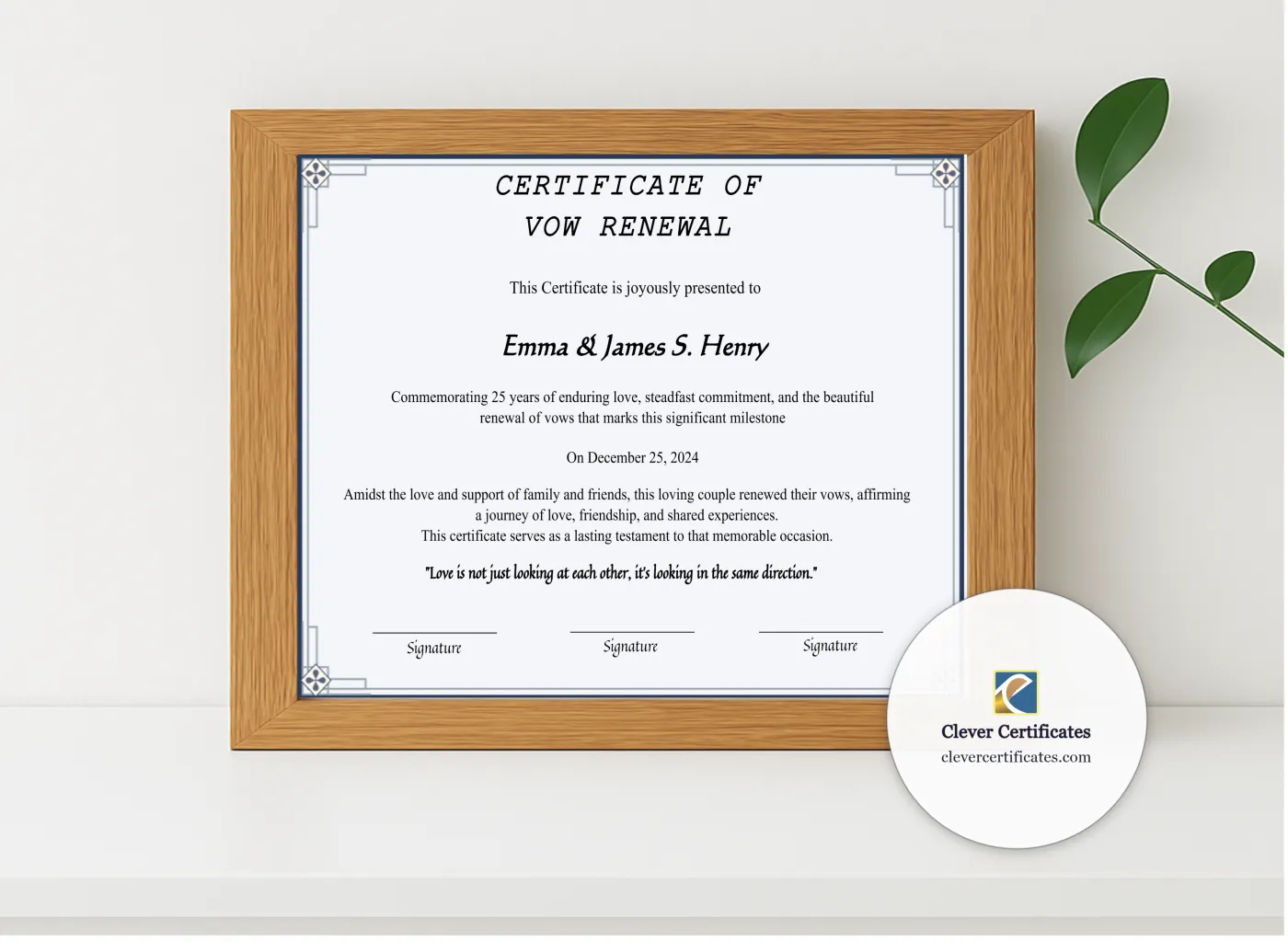 Realistic mockup featuring Editable 25 Years Of Marriage Anniversary Certificate displayed within a modern frame, set against a minimalistic background.