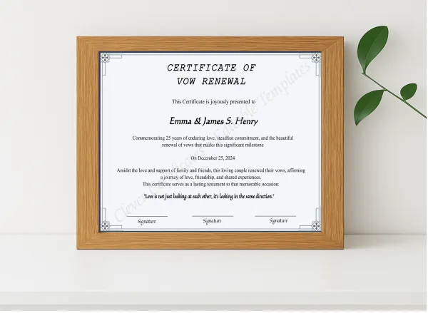 Realistic mockup featuring Editable 25 Years Of Marriage Anniversary Certificate displayed within a modern frame, set against a minimalistic background.