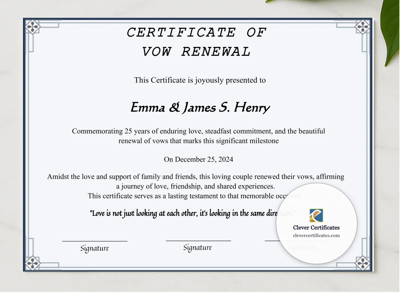 Editable 25 Years Of Marriage Anniversary Certificate presented in a sleek wooden frame, elegantly arranged on a stylish table.