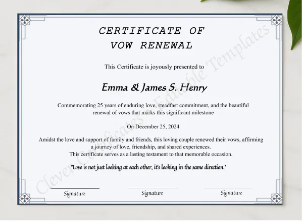 Editable 25 Years Of Marriage Anniversary Certificate presented in a sleek wooden frame, elegantly arranged on a stylish table.