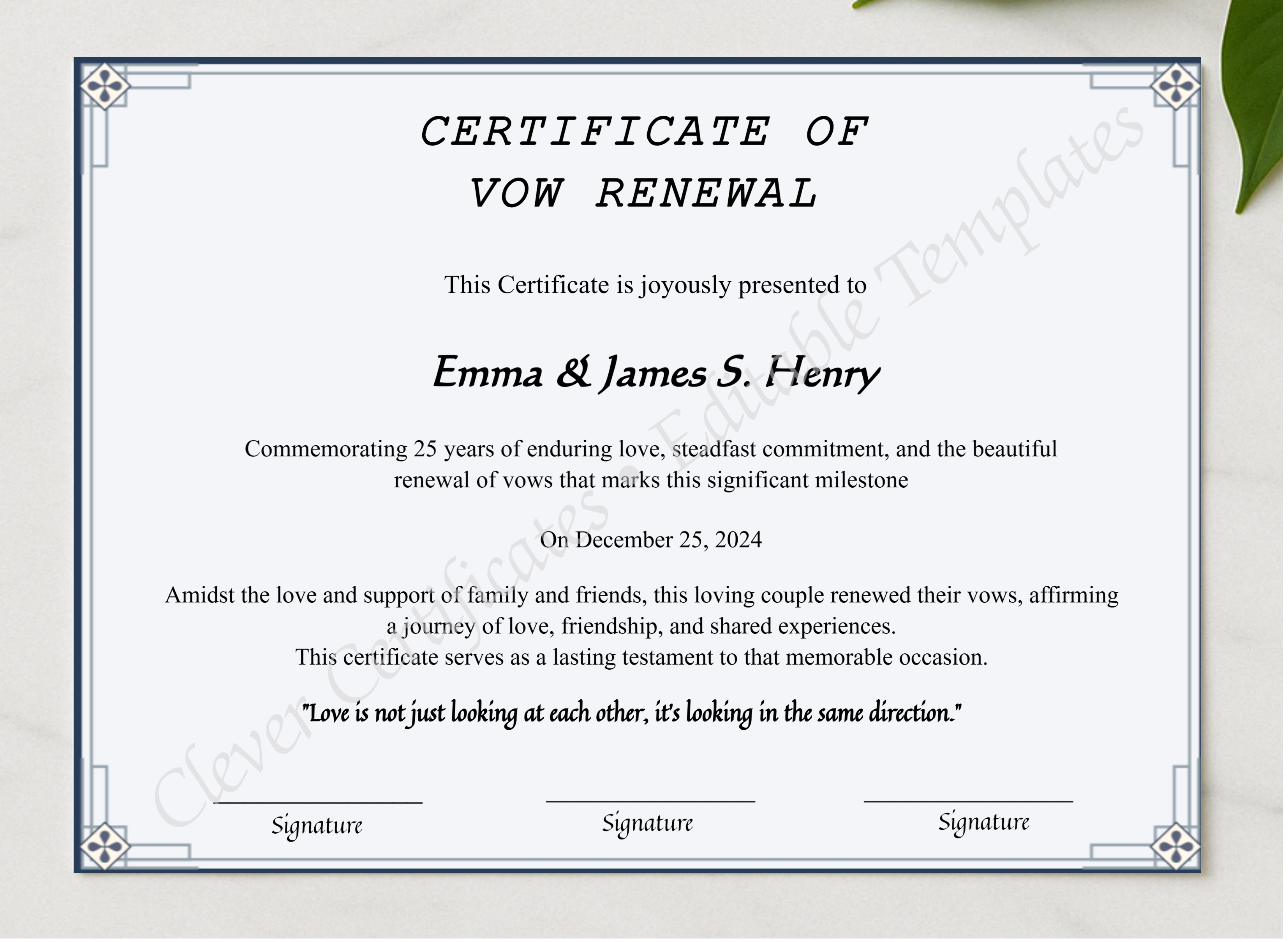 Editable 25 Years Of Marriage Anniversary Certificate presented in a sleek wooden frame, elegantly arranged on a stylish table.