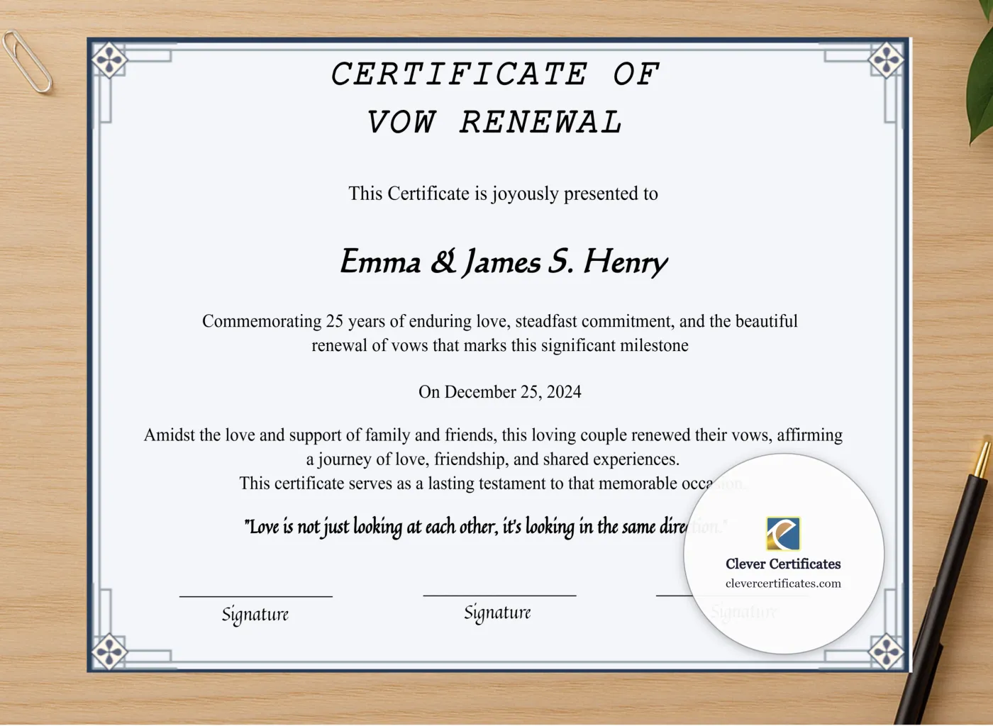 Professional preview of Editable 25 Years Of Marriage Anniversary Certificate certificate on high-quality stationery paper, ideal for showcasing the final look.