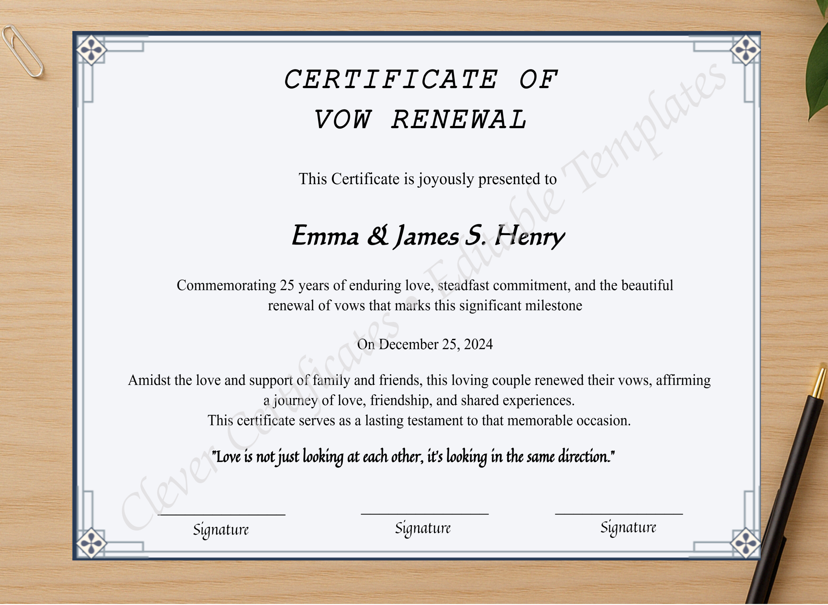 Professional preview of Editable 25 Years Of Marriage Anniversary Certificate certificate on high-quality stationery paper, ideal for showcasing the final look.