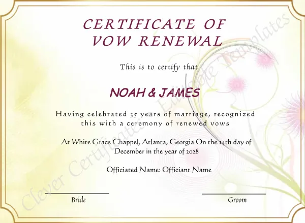 Editable Elegant Certificate Of Vow Renewal