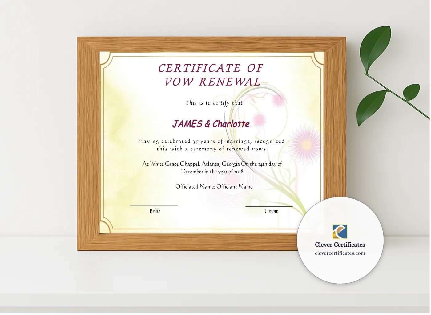 Realistic mockup featuring Editable Elegant Certificate Of Vow Renewal displayed within a modern frame, set against a minimalistic background.