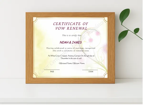 Realistic mockup featuring Editable Elegant Certificate Of Vow Renewal displayed within a modern frame, set against a minimalistic background.