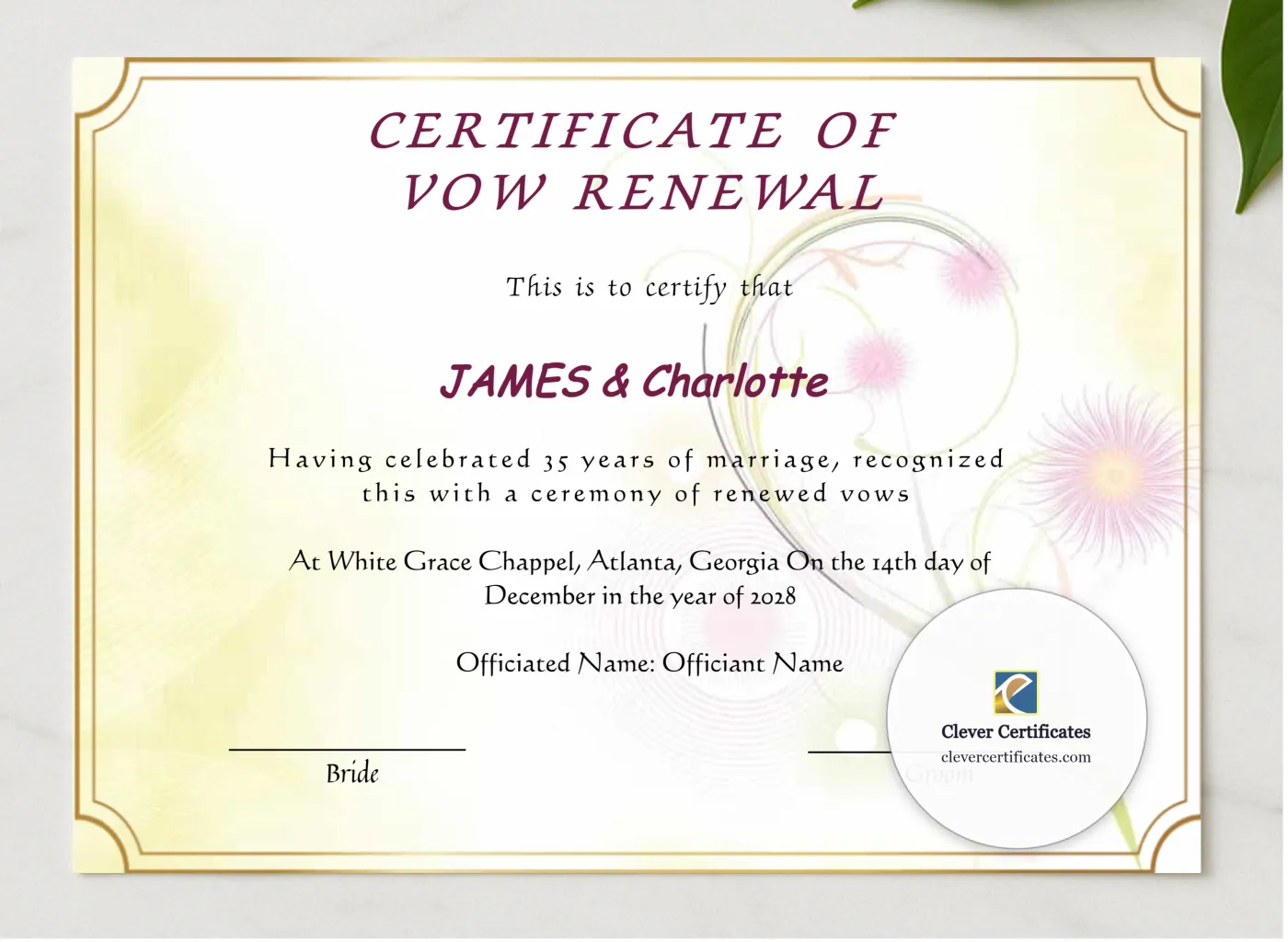 Editable Elegant Certificate Of Vow Renewal presented in a sleek wooden frame, elegantly arranged on a stylish table.