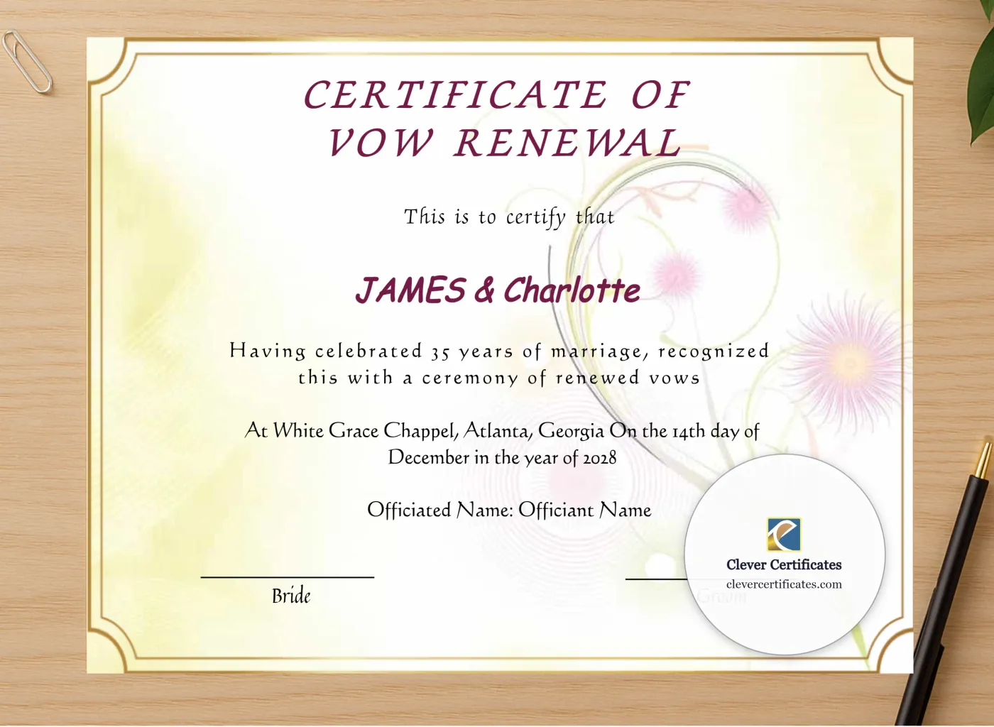 Professional preview of Editable Elegant Certificate Of Vow Renewal certificate on high-quality stationery paper, ideal for showcasing the final look.