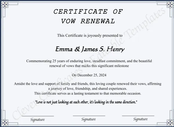 Printable Minimalist Vow Renewal  Certificate