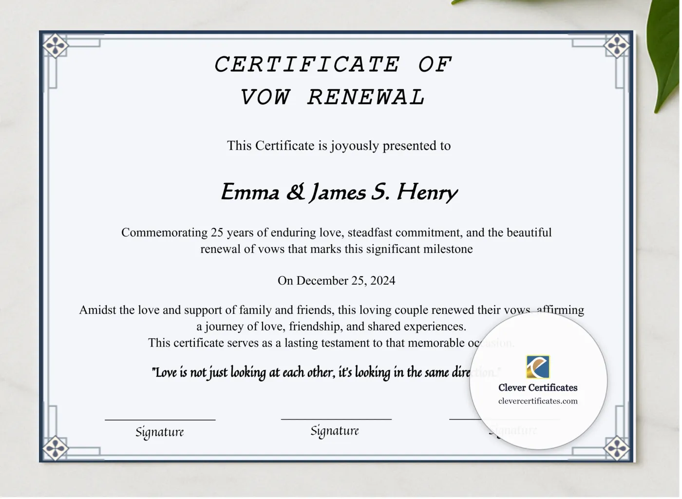 Printable Minimalist Vow Renewal Certificate Style 2 presented in a sleek wooden frame, elegantly arranged on a stylish table.