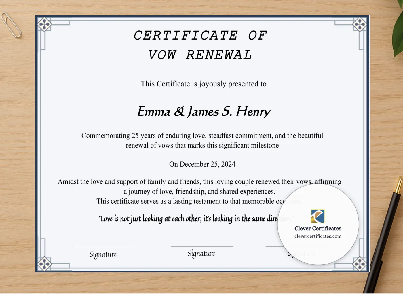 Professional preview of Printable Minimalist Vow Renewal Certificate Style 2 certificate on high-quality stationery paper, ideal for showcasing the final look.