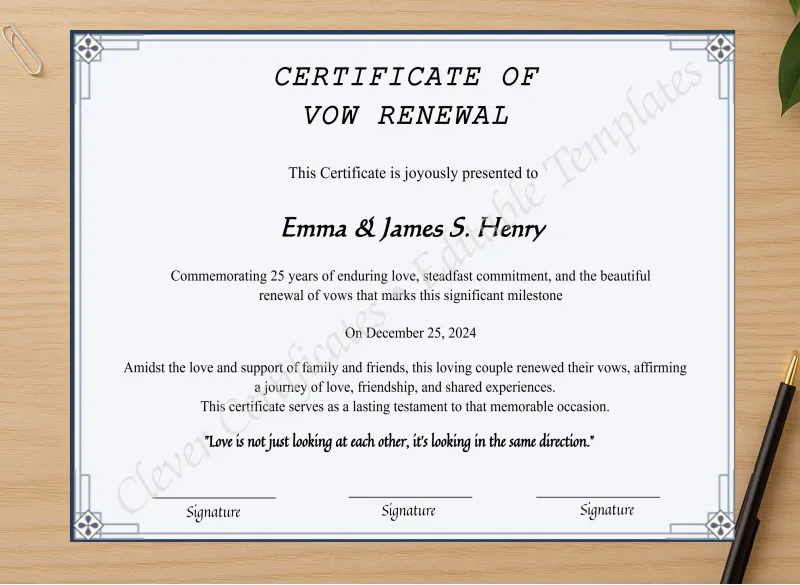 Professional preview of Printable Minimalist Vow Renewal  Certificate certificate on high-quality stationery paper, ideal for showcasing the final look.