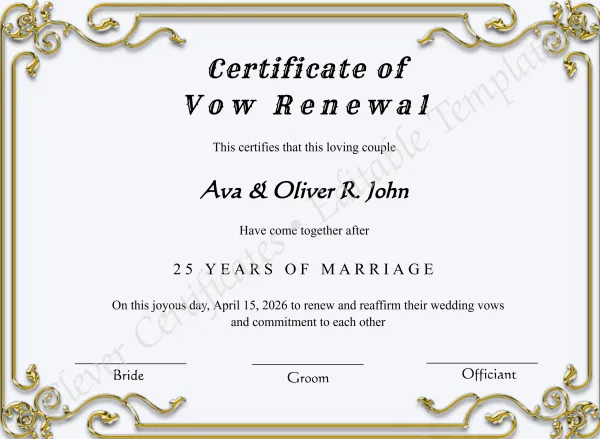 Printable Minimalist Vow Renewal Certificate