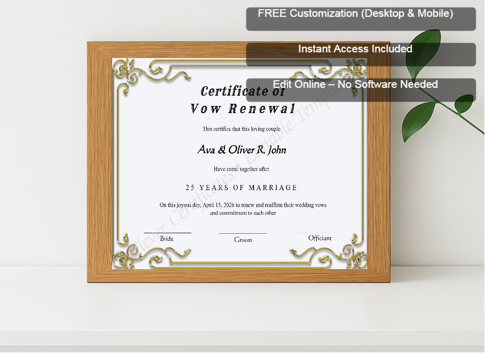Premium mockup with Free Editor badge stack for Printable Minimalist Vow Renewal Certificate