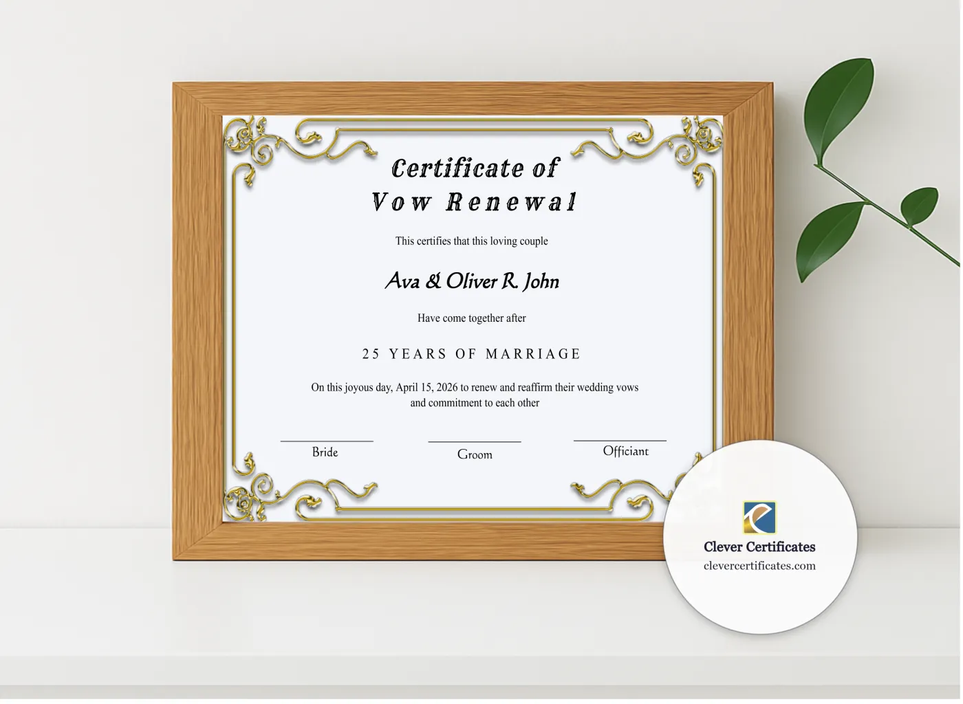 Realistic mockup featuring Printable Minimalist Vow Renewal Certificate displayed within a modern frame, set against a minimalistic background.