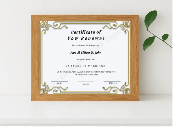 Realistic mockup featuring Printable Minimalist Vow Renewal Certificate displayed within a modern frame, set against a minimalistic background.