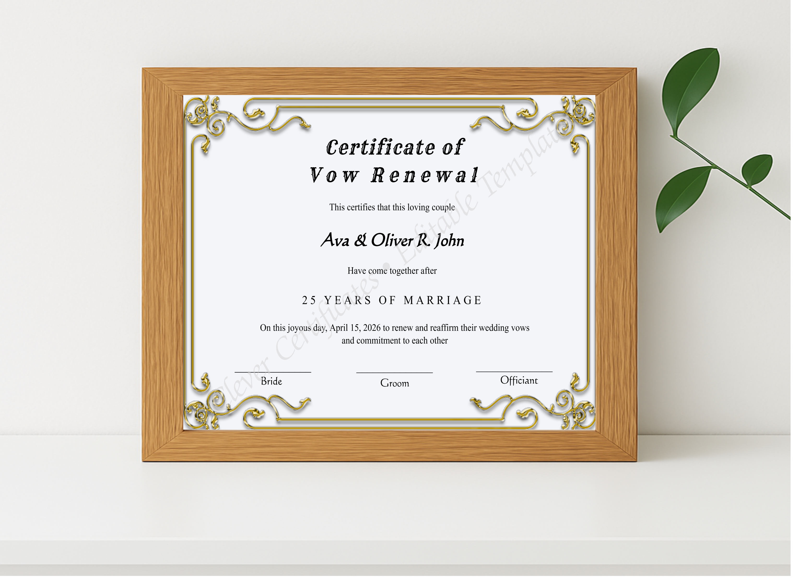 Realistic mockup featuring Printable Minimalist Vow Renewal Certificate displayed within a modern frame, set against a minimalistic background.