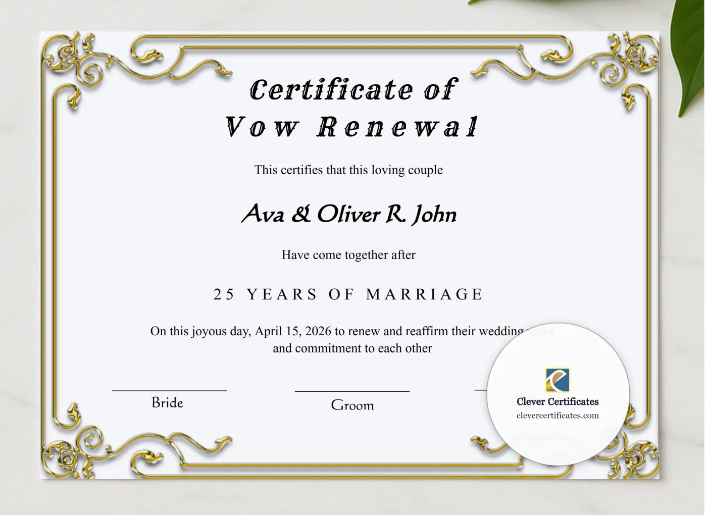 Printable Minimalist Vow Renewal Certificate presented in a sleek wooden frame, elegantly arranged on a stylish table.