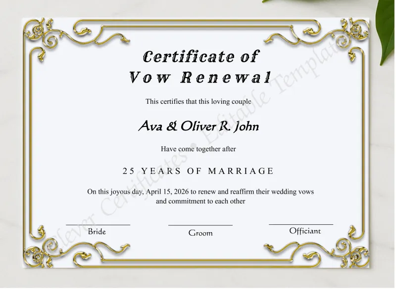 Printable Minimalist Vow Renewal Certificate presented in a sleek wooden frame, elegantly arranged on a stylish table.