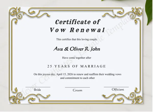 Printable Minimalist Vow Renewal Certificate presented in a sleek wooden frame, elegantly arranged on a stylish table.