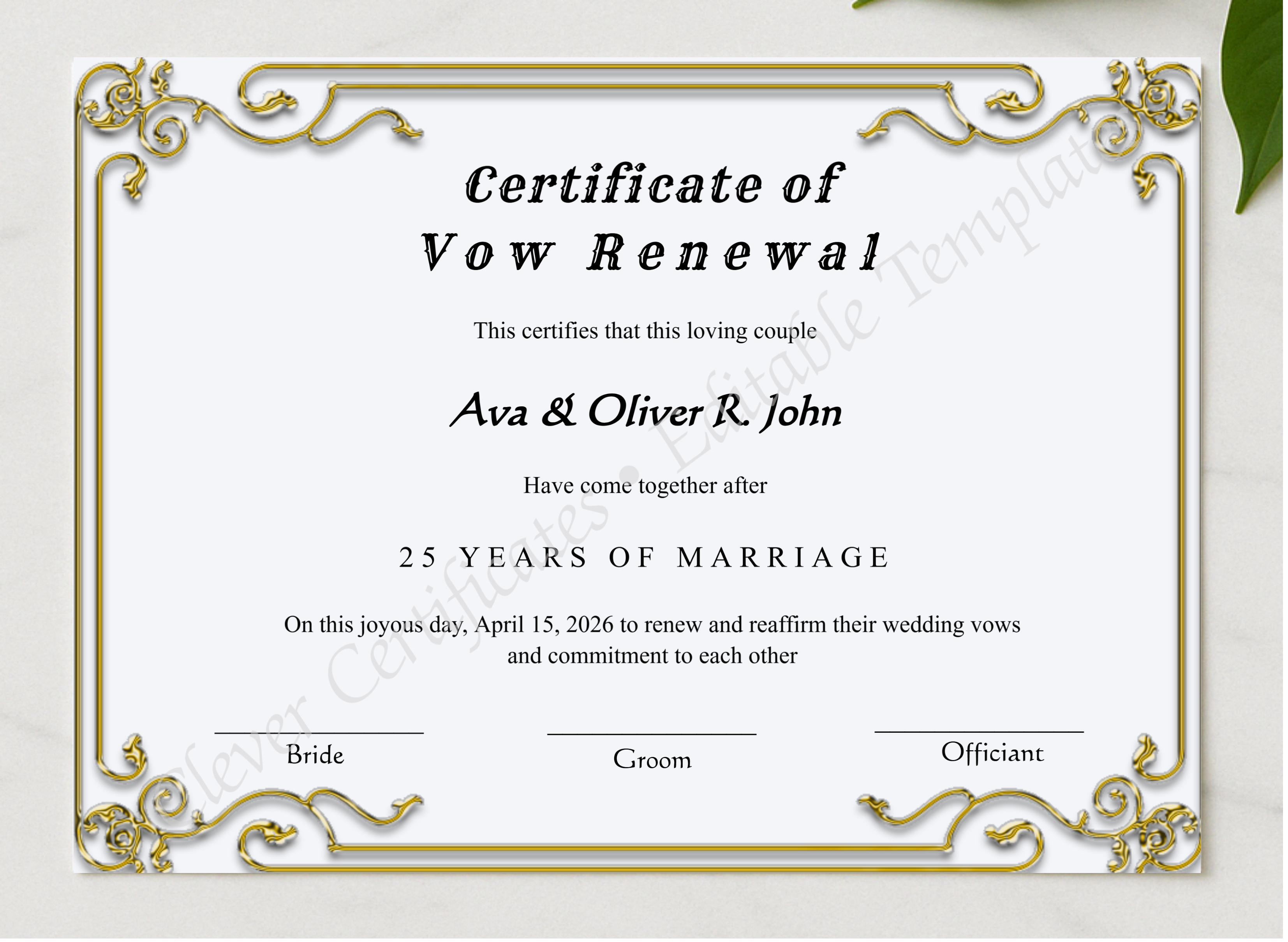 Printable Minimalist Vow Renewal Certificate presented in a sleek wooden frame, elegantly arranged on a stylish table.