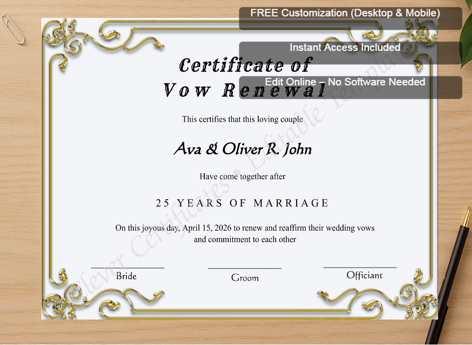Zoomed preview with Free Editor badge stack for Printable Minimalist Vow Renewal Certificate