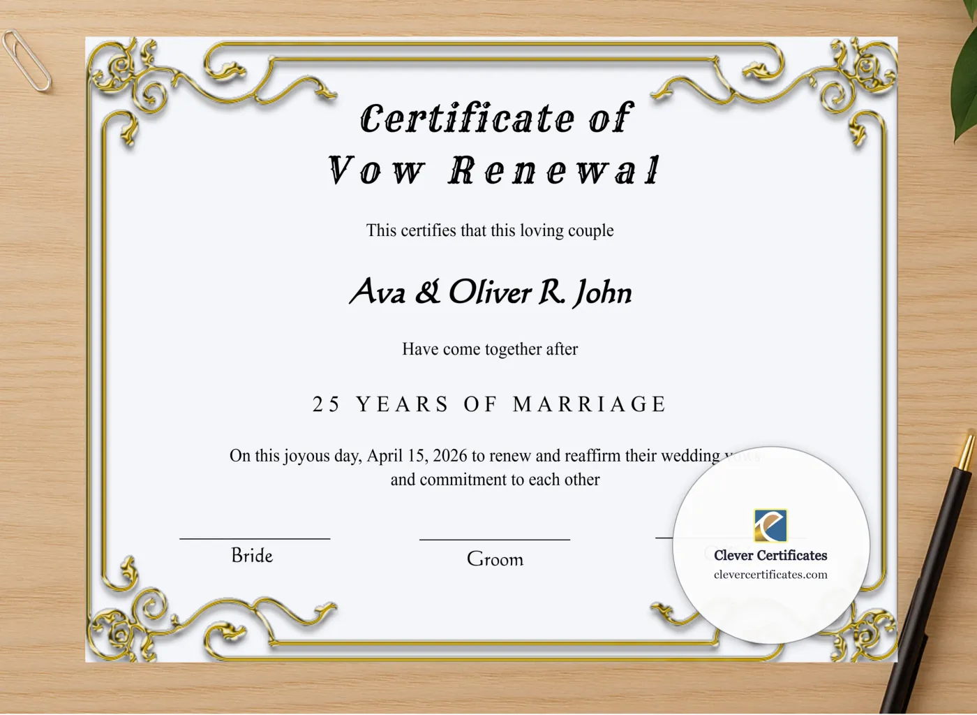 Professional preview of Printable Minimalist Vow Renewal Certificate certificate on high-quality stationery paper, ideal for showcasing the final look.