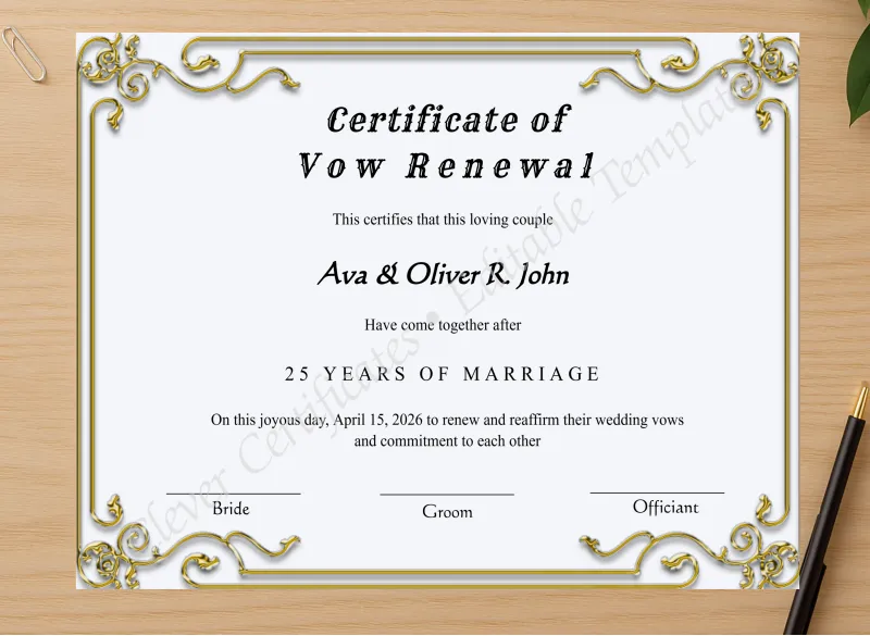 Professional preview of Printable Minimalist Vow Renewal Certificate certificate on high-quality stationery paper, ideal for showcasing the final look.