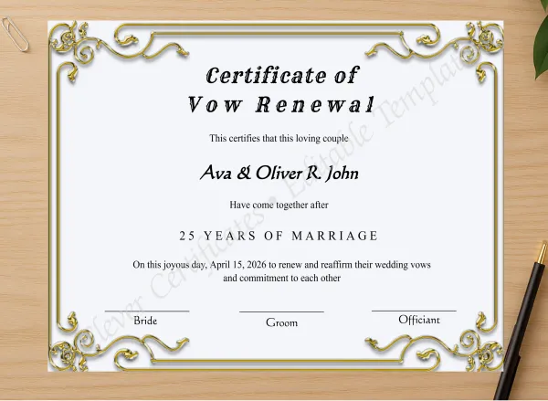 Professional preview of Printable Minimalist Vow Renewal Certificate certificate on high-quality stationery paper, ideal for showcasing the final look.