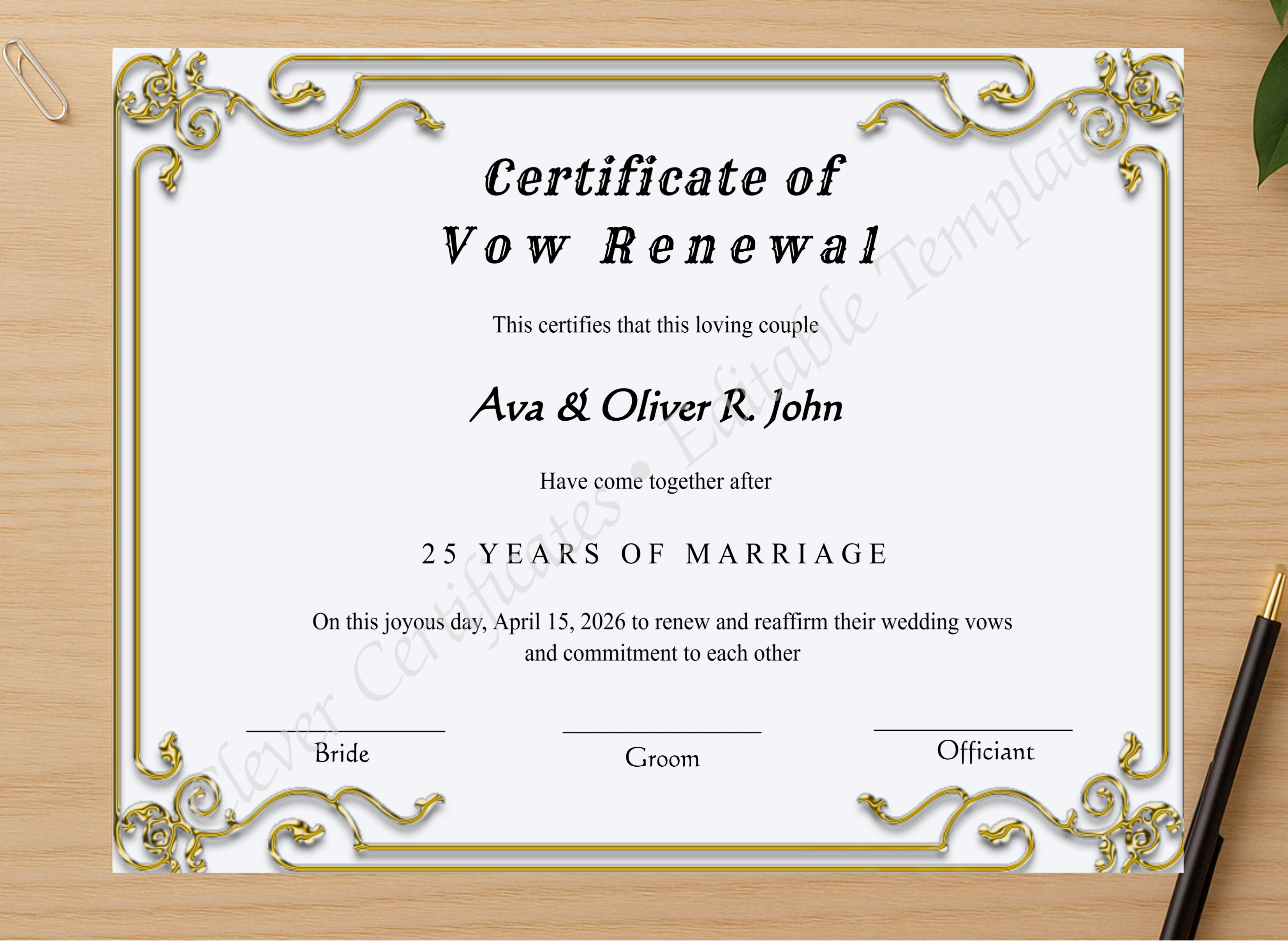 Professional preview of Printable Minimalist Vow Renewal Certificate certificate on high-quality stationery paper, ideal for showcasing the final look.