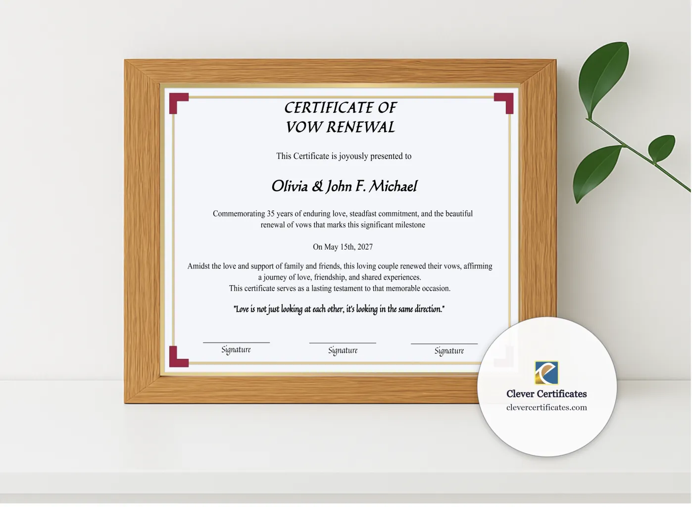 Realistic mockup featuring Printable 35 Years Of Marriage Anniversary Certificate displayed within a modern frame, set against a minimalistic background.