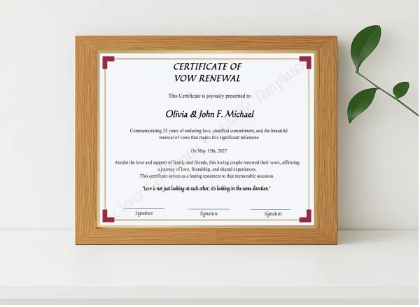 Realistic mockup featuring Printable 35 Years Of Marriage Anniversary Certificate displayed within a modern frame, set against a minimalistic background.