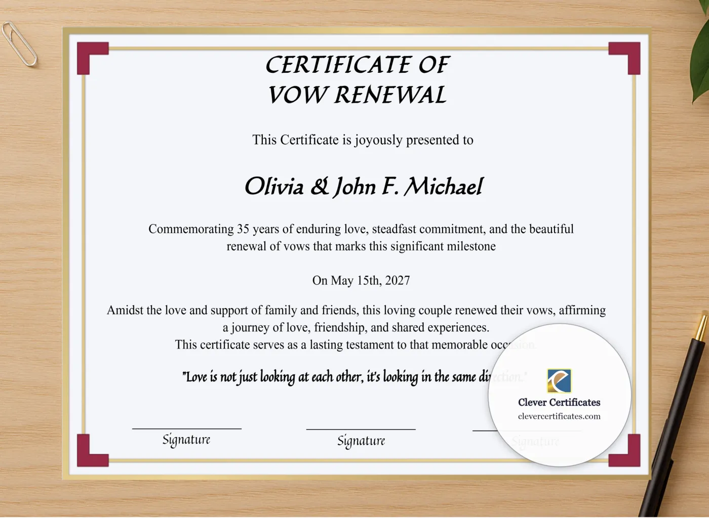 Professional preview of Printable 35 Years Of Marriage Anniversary Certificate certificate on high-quality stationery paper, ideal for showcasing the final look.
