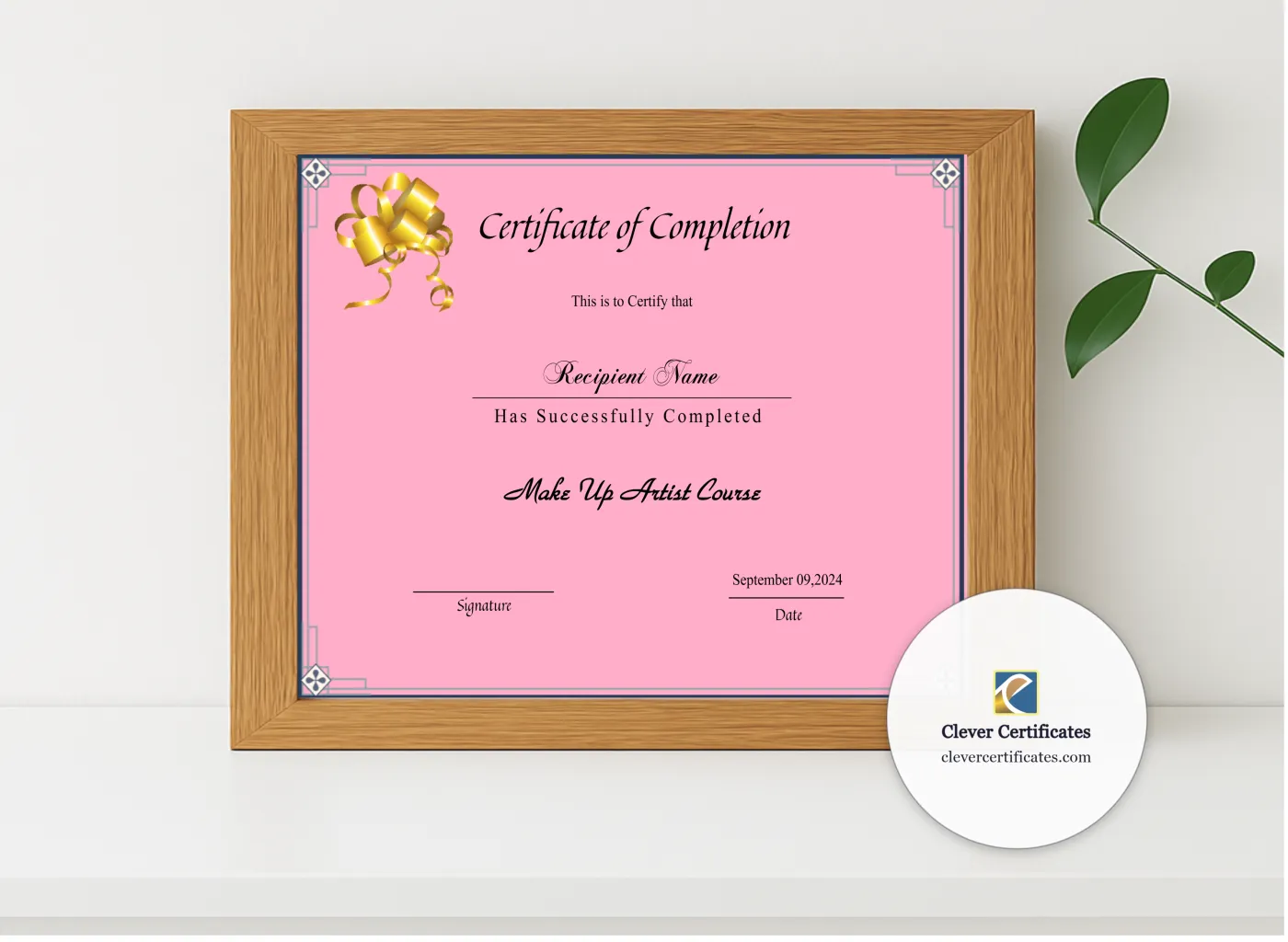 Realistic mockup featuring Beauty Course Editable Completion Certificate displayed within a modern frame, set against a minimalistic background.