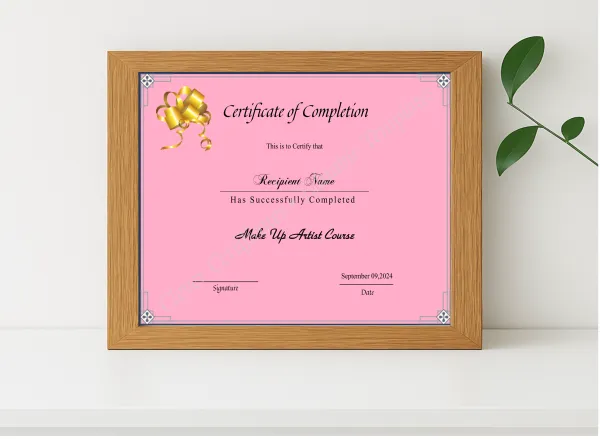 Realistic mockup featuring Beauty Course Editable Completion Certificate displayed within a modern frame, set against a minimalistic background.