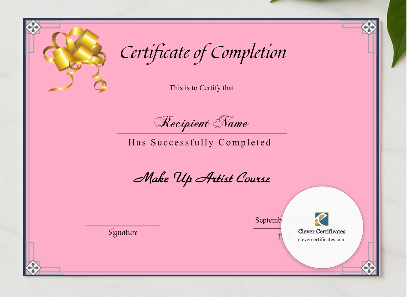 Beauty Course Editable Completion Certificate presented in a sleek wooden frame, elegantly arranged on a stylish table.
