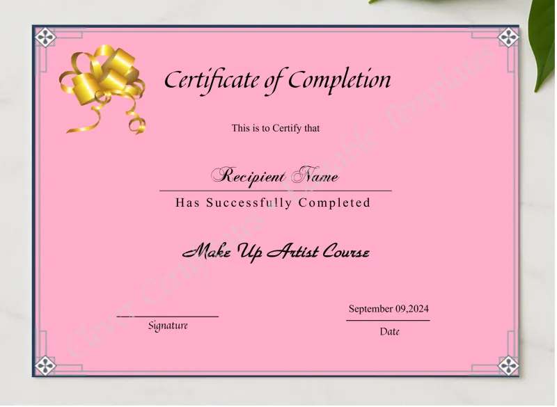 Beauty Course Editable Completion Certificate presented in a sleek wooden frame, elegantly arranged on a stylish table.
