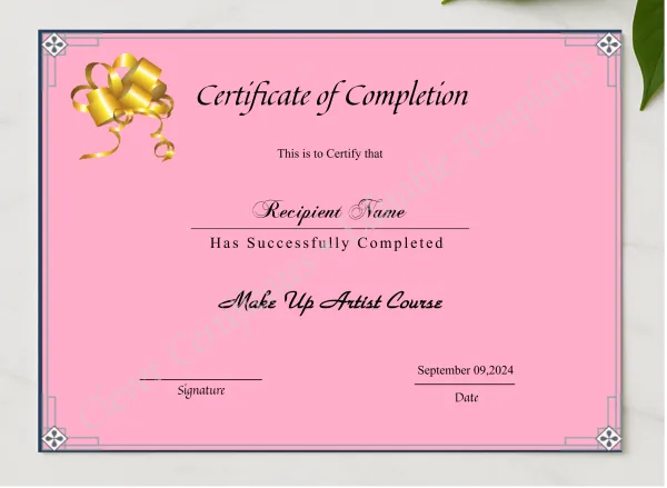Beauty Course Editable Completion Certificate presented in a sleek wooden frame, elegantly arranged on a stylish table.