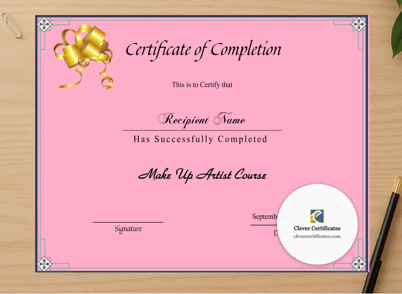Professional preview of Beauty Course Editable Completion Certificate certificate on high-quality stationery paper, ideal for showcasing the final look.