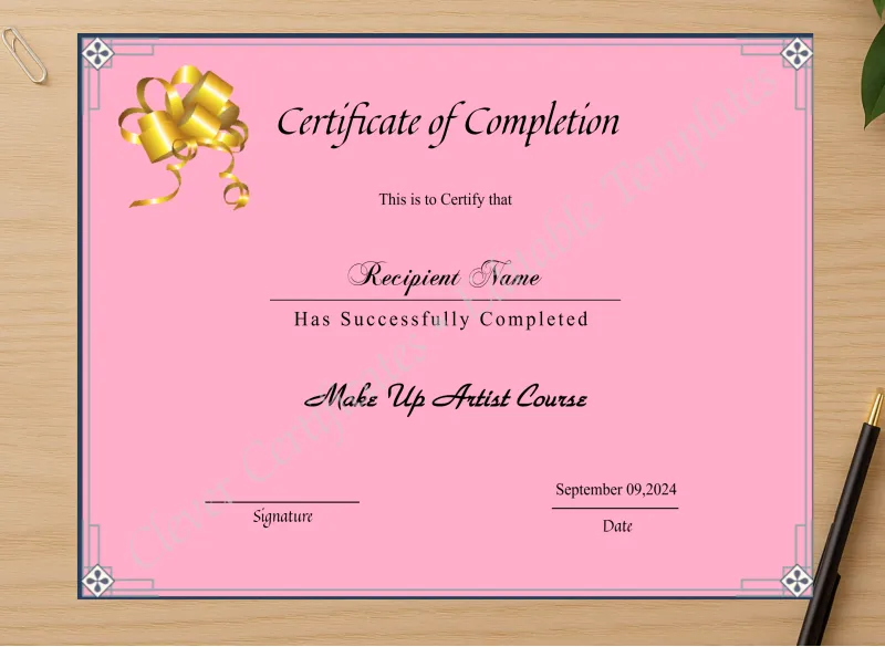 Professional preview of Beauty Course Editable Completion Certificate certificate on high-quality stationery paper, ideal for showcasing the final look.