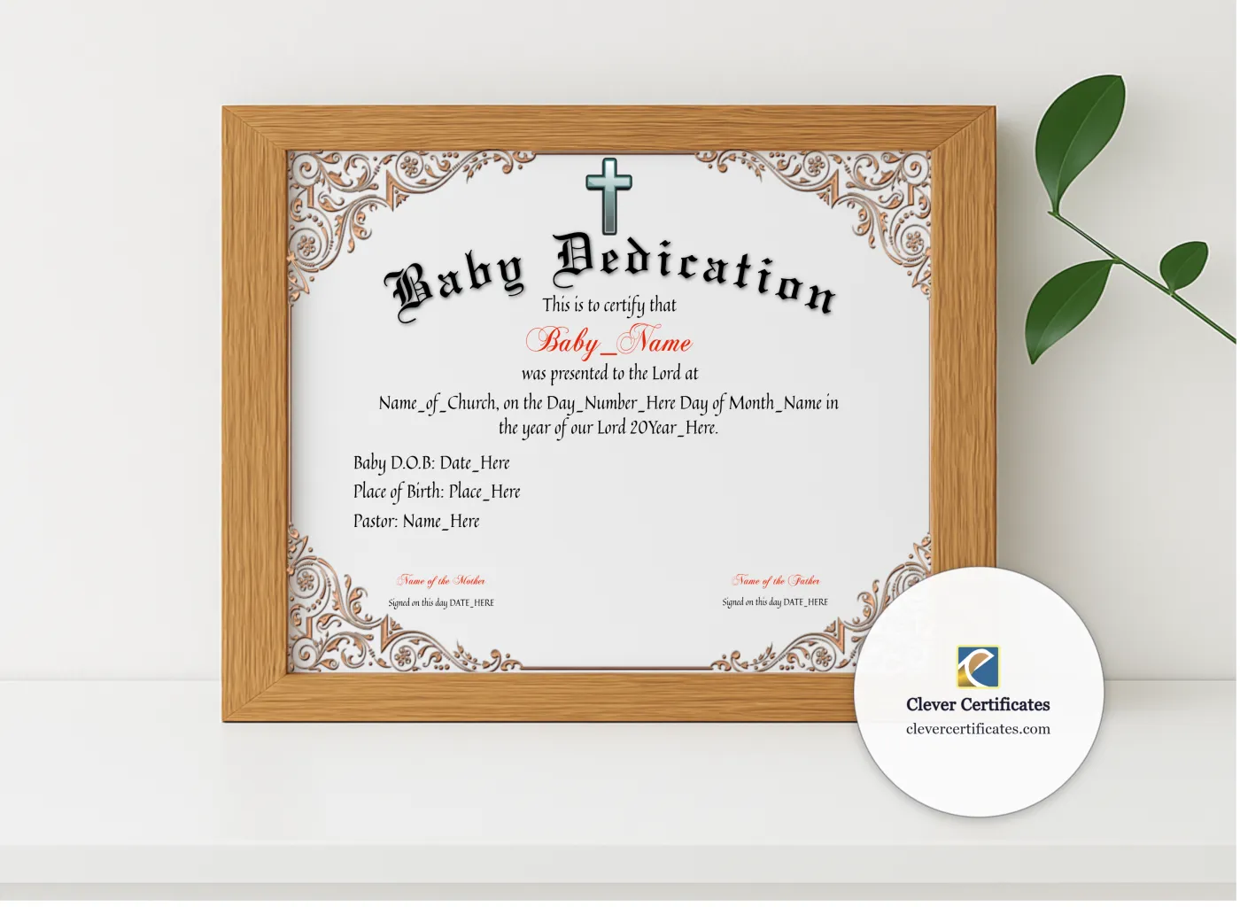 Realistic mockup featuring Baby Dedication Certificate displayed within a modern frame, set against a minimalistic background.