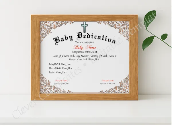 Realistic mockup featuring Baby Dedication Certificate displayed within a modern frame, set against a minimalistic background.