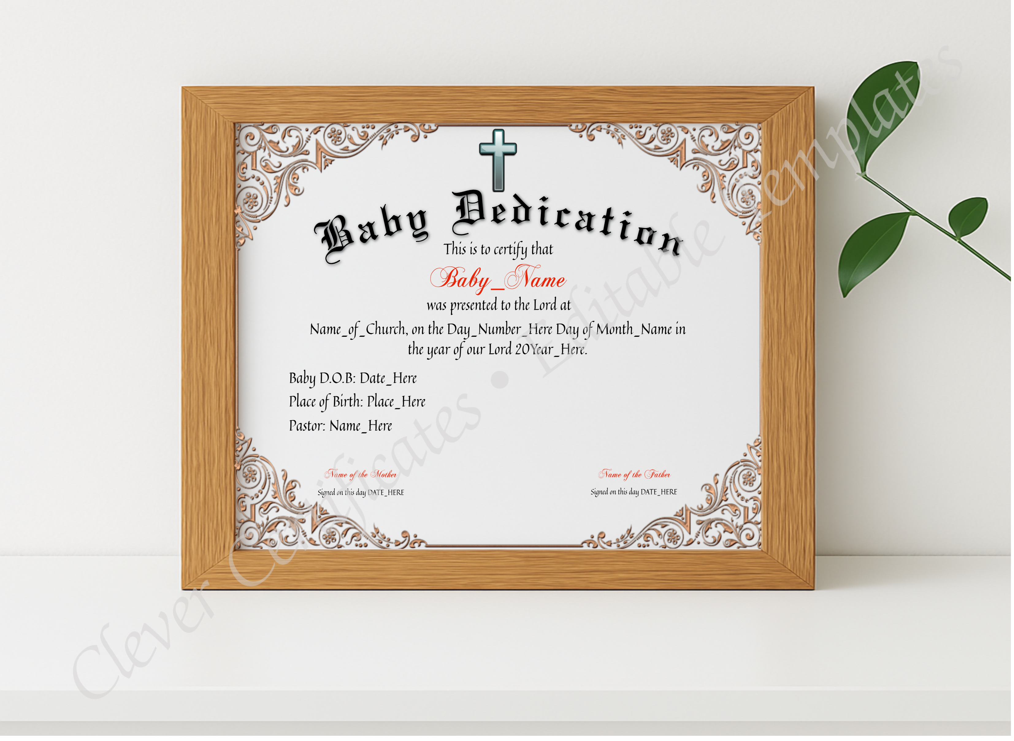 Realistic mockup featuring Baby Dedication Certificate displayed within a modern frame, set against a minimalistic background.