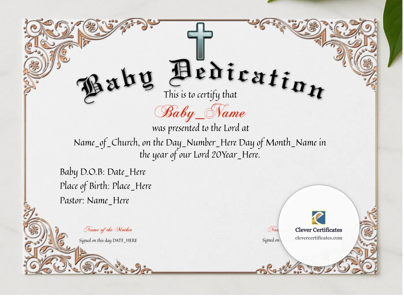 Baby Dedication Certificate presented in a sleek wooden frame, elegantly arranged on a stylish table.