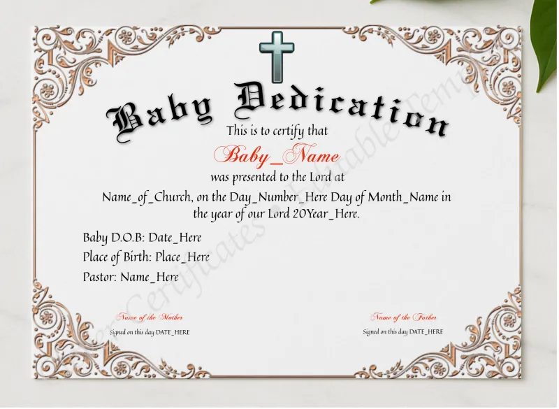 Baby Dedication Certificate presented in a sleek wooden frame, elegantly arranged on a stylish table.